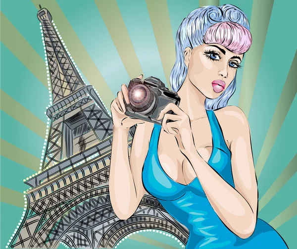 Pin-up femme sexy prend des photos à la caméra près de la Tour Eiffel à Paris — Image vectorielle