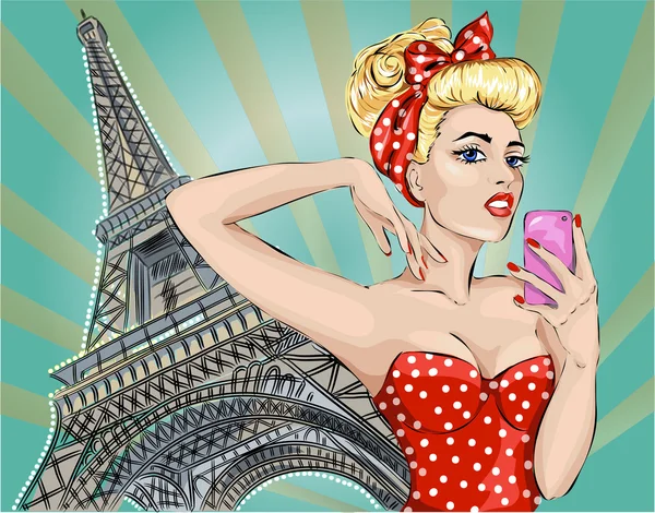 Mujer sexy Pin-up toma fotos en cámara cerca de la Torre Eiffel en París . — Vector de stock