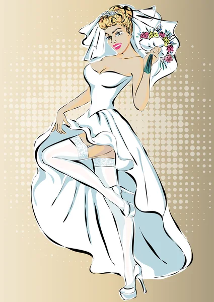 Hermoso pin retro novia en el vector de vestido de novia — Archivo Imágenes Vectoriales