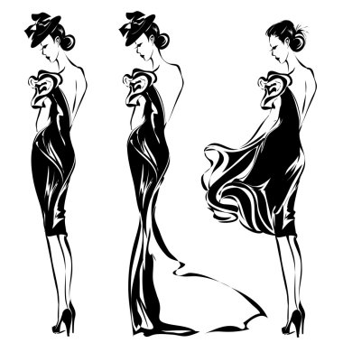 Siyah ve beyaz retro moda kadın modeli. Elle çizilmiş vektör