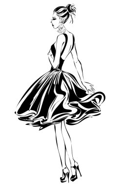 Siyah ve beyaz retro moda kadın modeli. Elle çizilmiş vektör