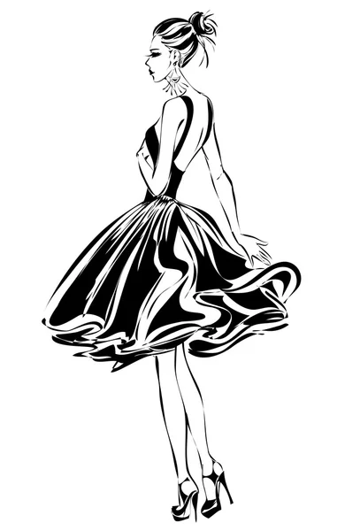 Modelo de mujer de moda retro en blanco y negro. Vector dibujado a mano — Vector de stock