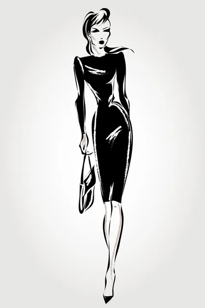 Modelo de mujer de moda retro en blanco y negro. Vector dibujado a mano — Vector de stock