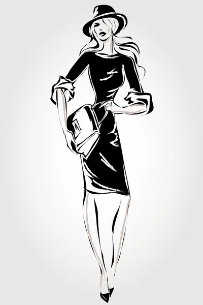 Negru și alb model de moda retro femeie. Vector desenat manual — Vector de stoc