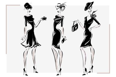Siyah ve beyaz retro moda kadın modeli. Elle çizilmiş vektör