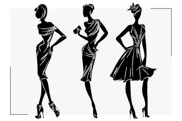 Model wanita fashion hitam dan putih. Vektor gambar tangan - Stok Vektor