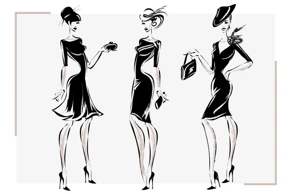 Modelo de mujer de moda retro en blanco y negro. Vector dibujado a mano — Vector de stock