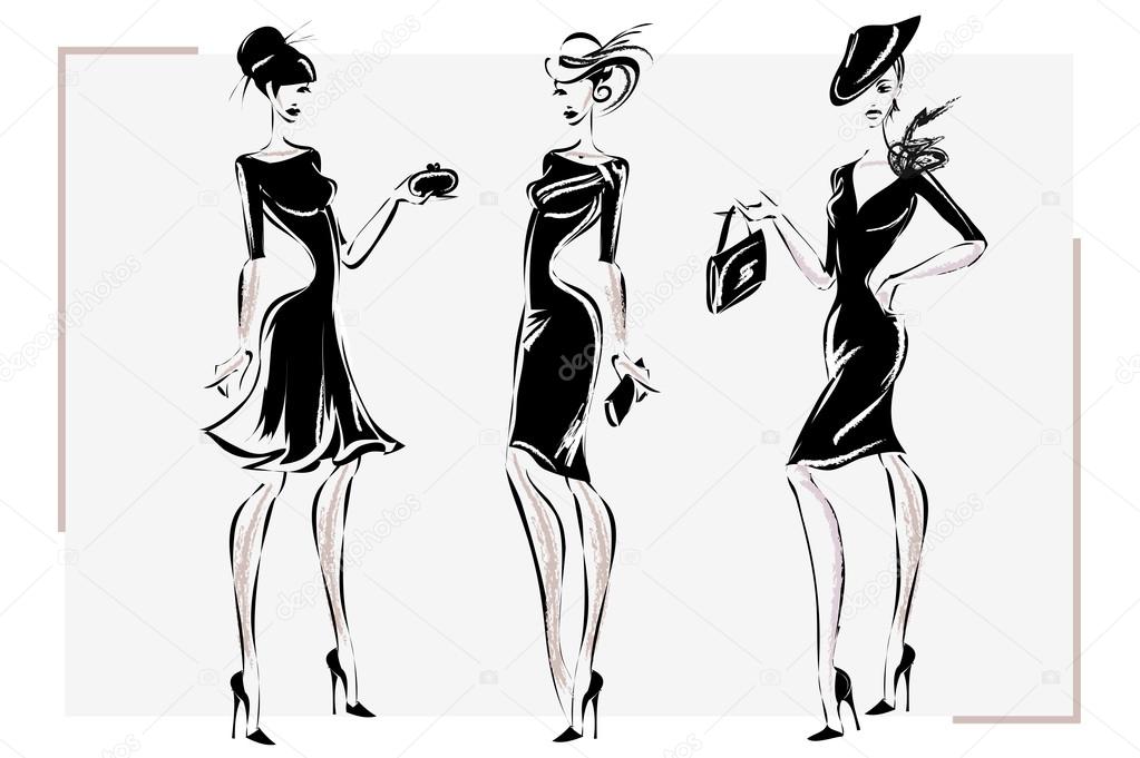 Black and white retro fashion woman model. Hand drawn vector