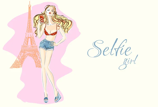 Eiffel Tower yakınındaki kız Selfie moda — Stok Vektör