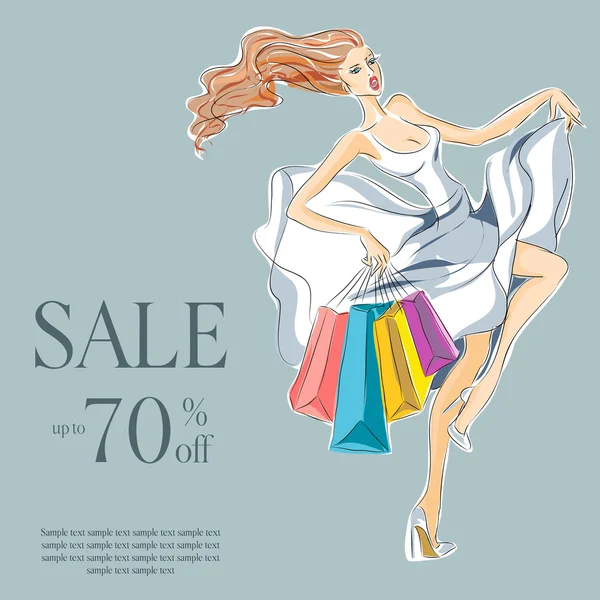 Ragazza di moda in abito bianco vendita shopping — Vettoriale Stock