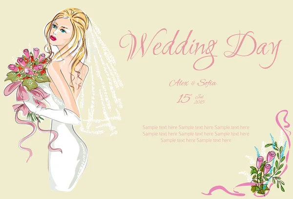 Esküvői nap meghívó a gyönyörű menyasszonya — Stock Vector