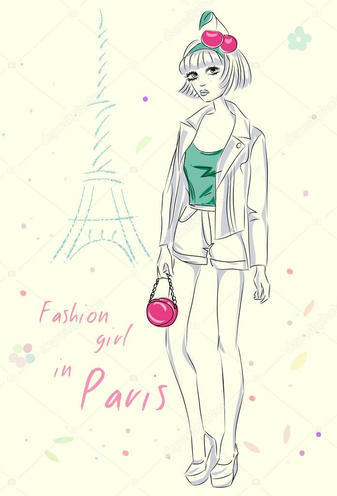 Fashion girl in Paris near Eiffel Tower