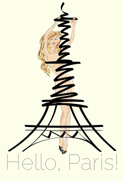 Chica de moda en París cerca de la Torre Eiffel — Vector de stock