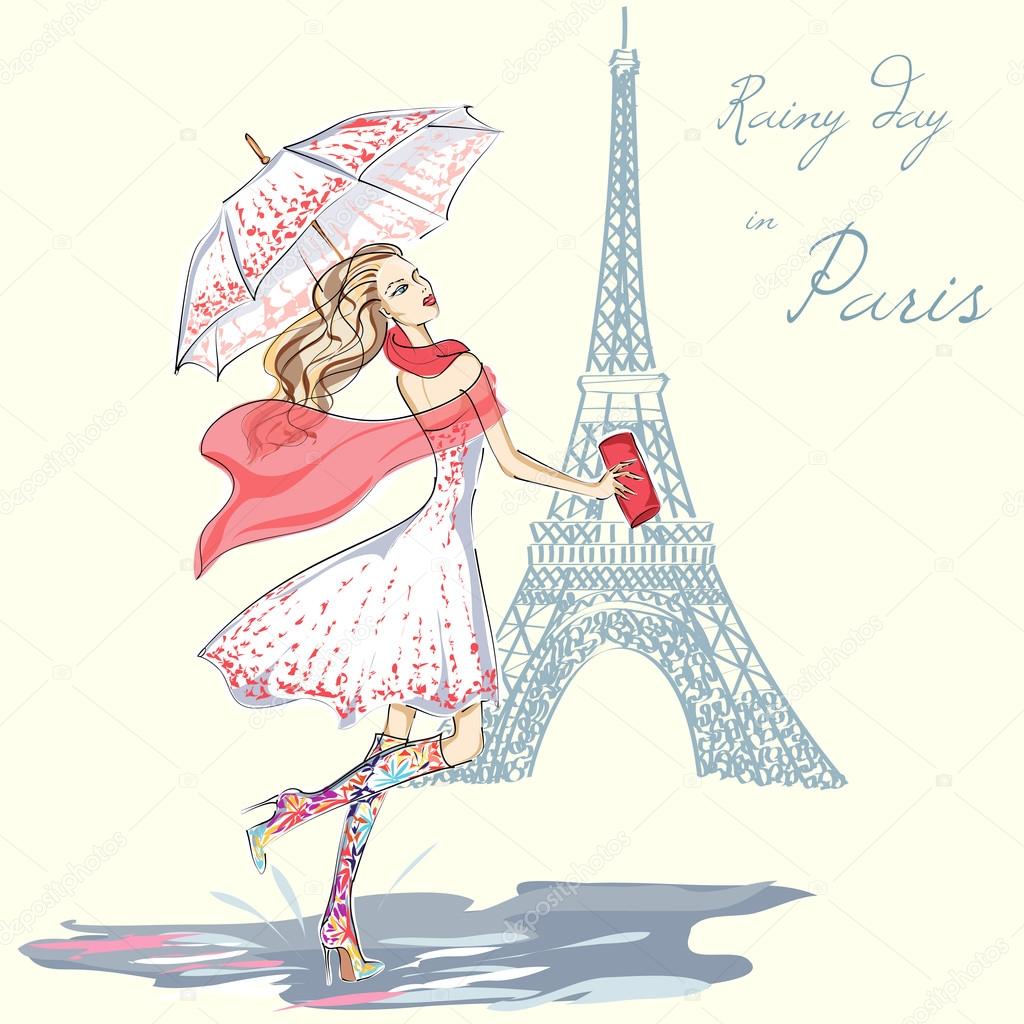 Fashion girl rainy day in Paris