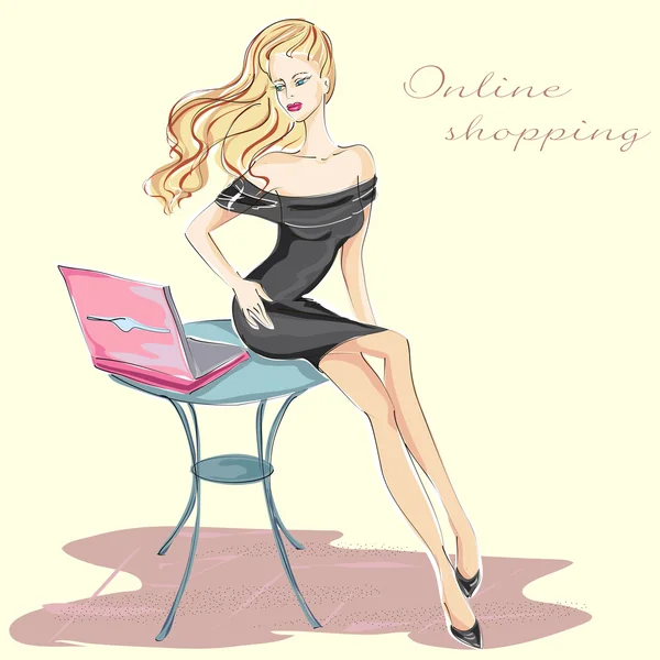 黒のドレスは、彼女のラップトップでオンライン ショッピングのファッションの女の子 — ストックベクタ