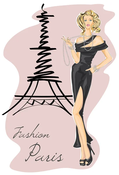 Mode meisje in zwarte jurk in de buurt van eiffel tower — Stockvector