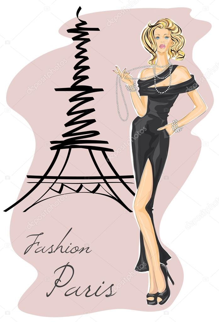 Fashion girl in black dress near eiffel tower