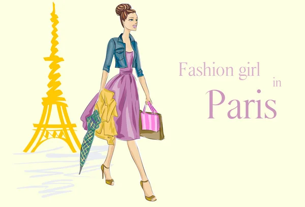 Fashion girl in Paris near Eiffel Tower — Stock Vector