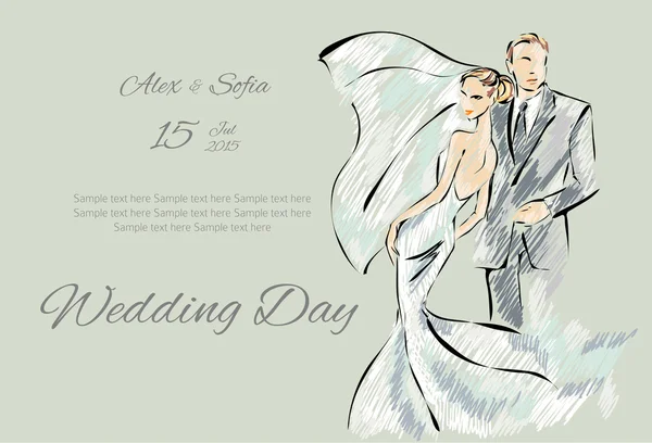 Invitation de jour de mariage avec couple doux — Image vectorielle