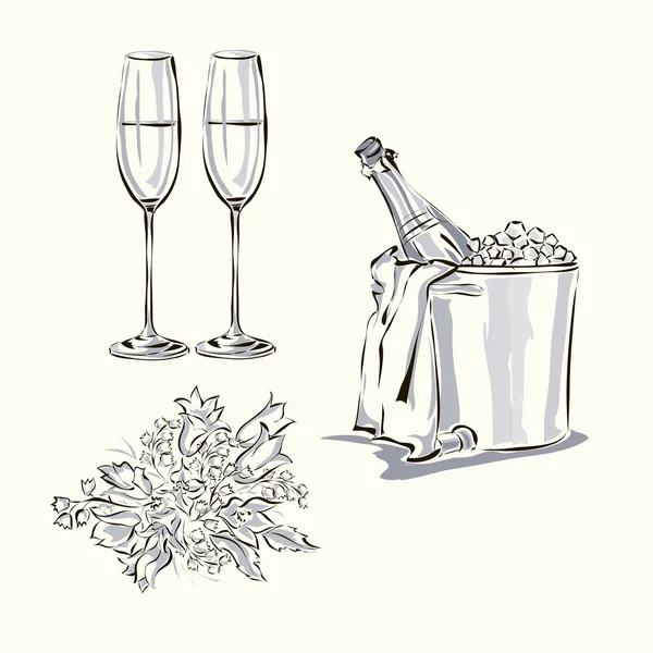 Bruiloft dag uitnodiging instellen met bruidstaart, champagnefles, stemwares en boeket — Stockvector
