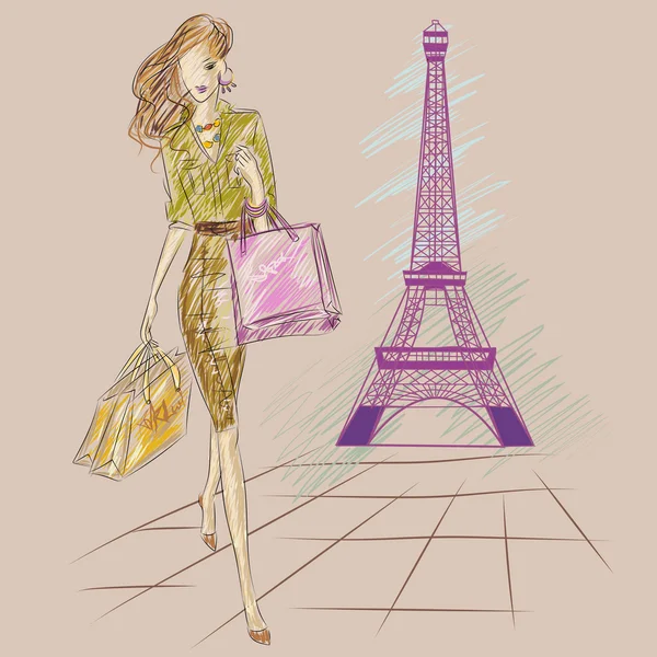 Dziewczyna mody w Paryżu, w pobliżu Wieży Eiffla — Wektor stockowy