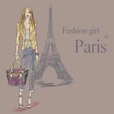 Merhaba, Paris. Eiffel Tower yakınındaki kız moda