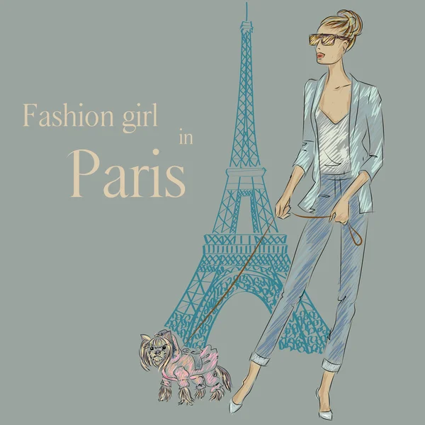 Fashion girl with little dog near Eiffel tower — Stock Vector