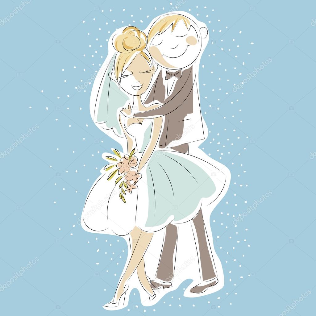 Wedding Day invitation with sweet couple, cartoon bride and groom,