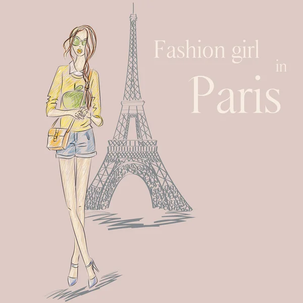 Moda París chica cerca de la Torre Eiffel — Vector de stock