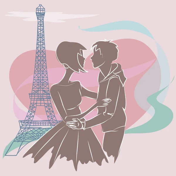 Édes pár Párizsban, az Eiffel-torony közelében. Nagy szíve háttér — Stock Vector