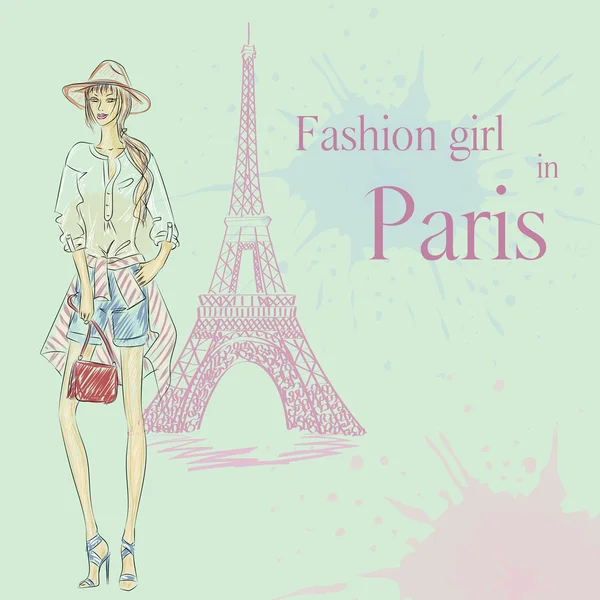 Paris Fashion girl near Eiffel Tower — Stock Vector