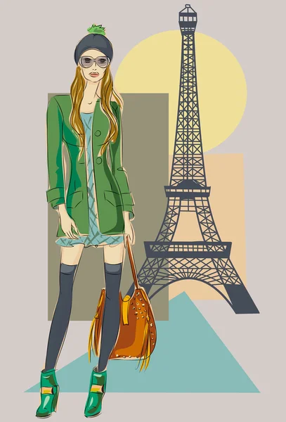 ฤดูใบไม้ร่วงในปารีส สาวแฟชั่นใกล้หอไอเฟล — ภาพเวกเตอร์สต็อก
