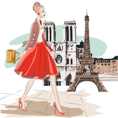 Kırmızı etek kadında moda Paris Eiffel Tower yakınındaki etrafta dolaşıyor