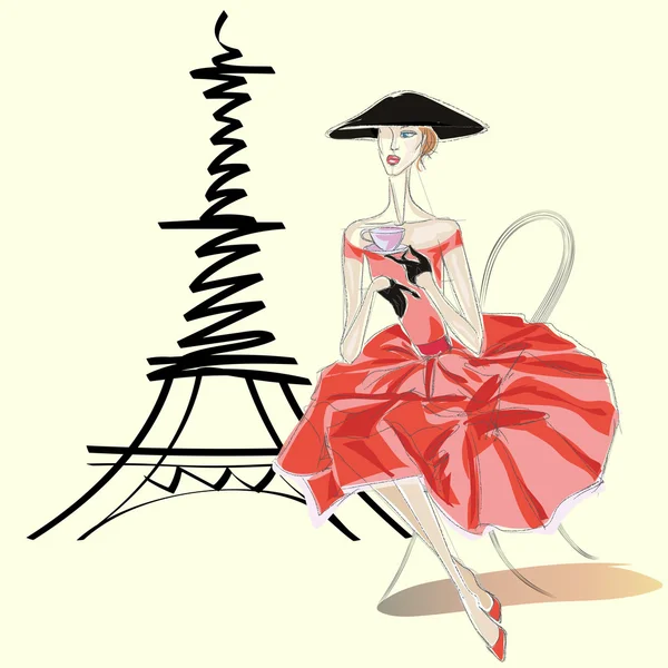 Kobieta moda w wietnamskim kapeluszu koło Paryża Wieża Eiffla — Wektor stockowy
