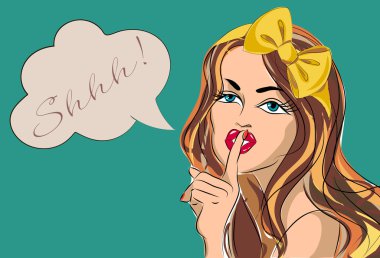 Şşşt kabarcık pop art kadın yüz sessizlik jest dudaklarında parmak ile