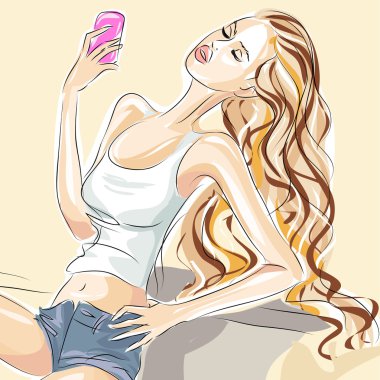 Selfie moda güzel kız yüz ve onun akıllı telefon ile kendi kendine portre almak ördek olun