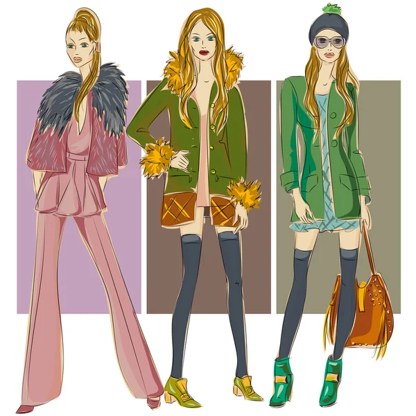 Modelos de moda em estilo esboço outono inverno — Vetor de Stock