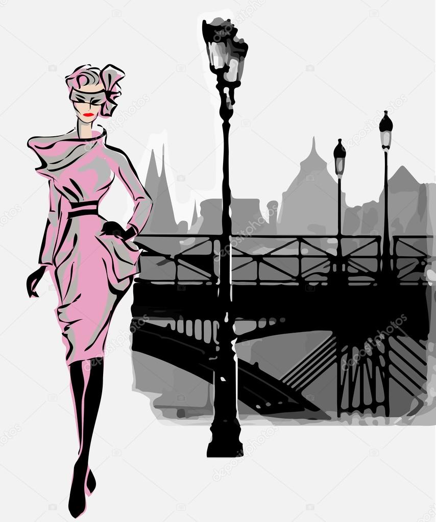 Fashion models in sketch style fall winter with Paris city background