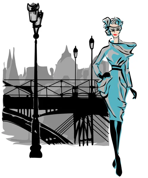Modèles de mode dans le style croquis automne hiver avec fond de ville de Paris — Image vectorielle