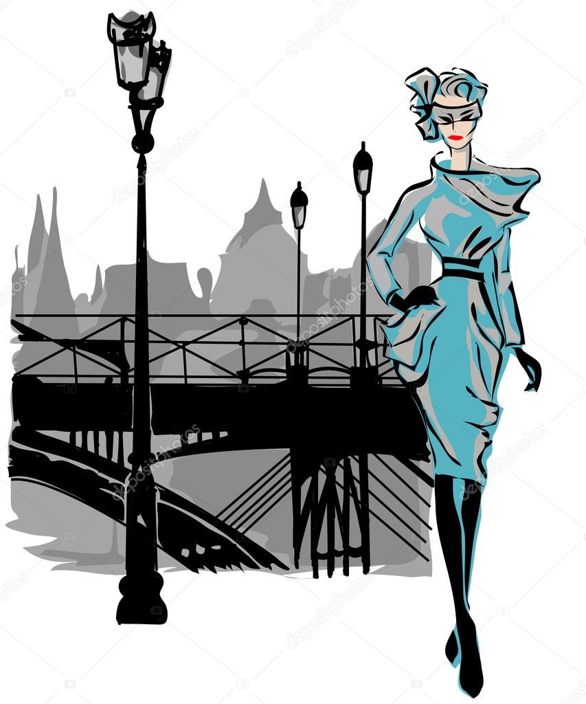 Fashion models in sketch style fall winter with Paris city background