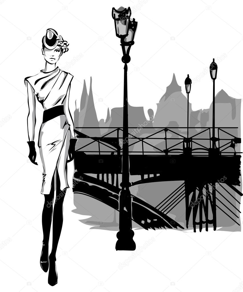 Fashion models in sketch style fall winter with Paris city background