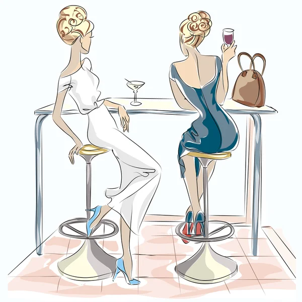 Dwie piękne kobiety, siedząc w kawiarni pić koktajle i wina — Wektor stockowy