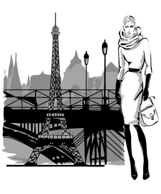 Moda modellerinde tarzı sonbahar kış Eyfel Kulesi Paris şehir ile kroki