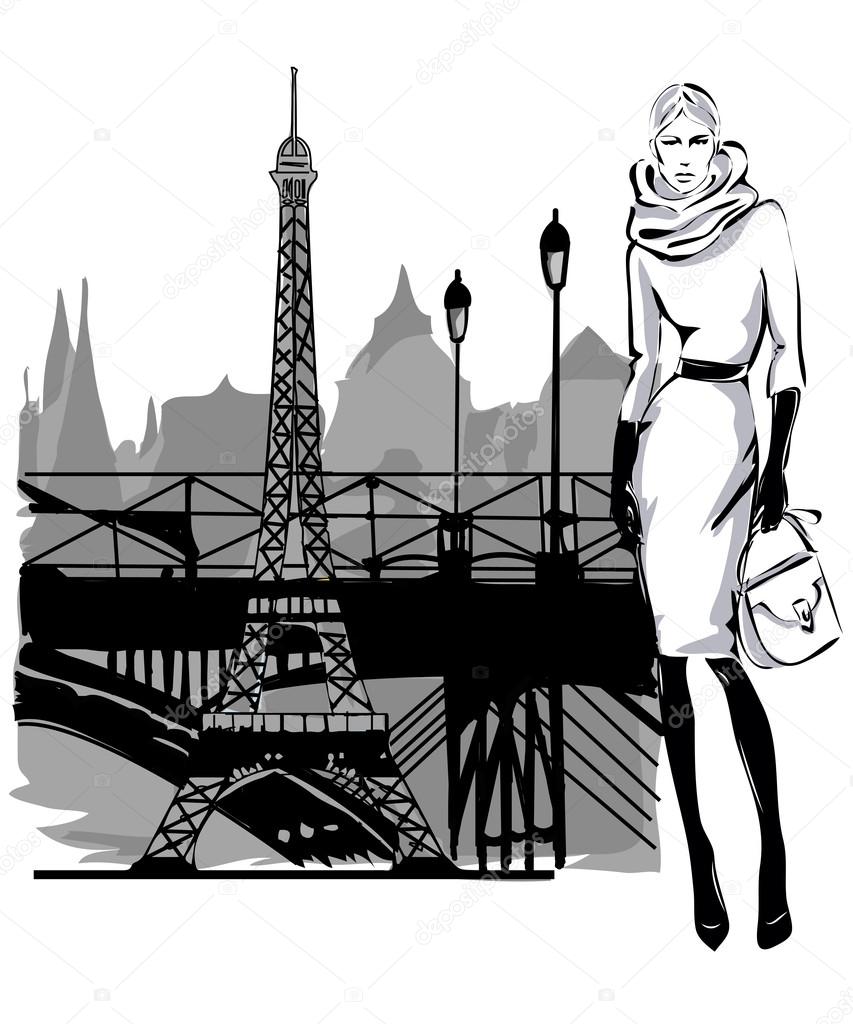 Fashion models in sketch style fall winter with Paris city near Eiffel tower