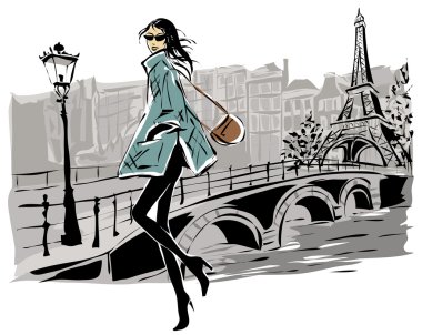 Moda modellerinde tarzı sonbahar kış Paris şehir arka plan ile kroki