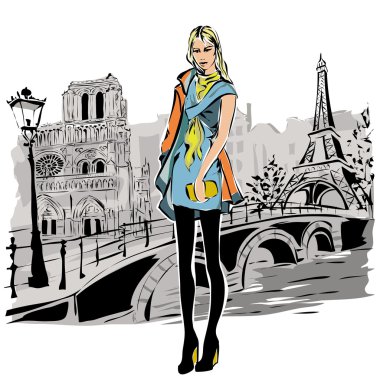 Moda modellerinde tarzı sonbahar kış Paris şehir arka plan ile kroki