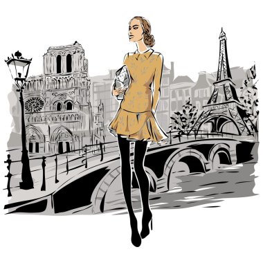 Moda modellerinde tarzı sonbahar kış Paris şehir arka plan ile kroki