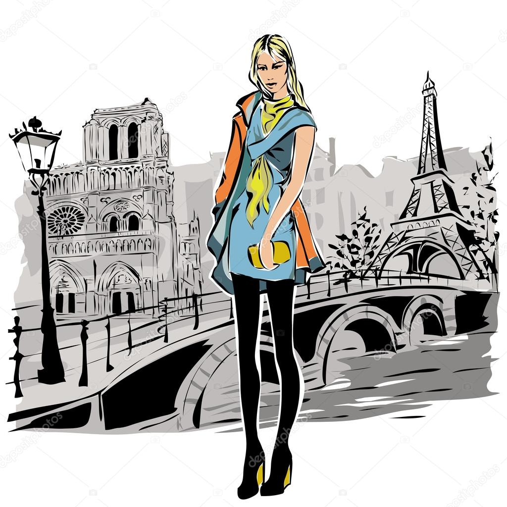 Fashion models in sketch style fall winter with Paris city background