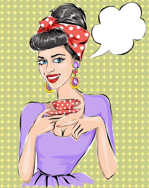 Pop-Art ilustracja kobieta z porannym kubkiem herbaty. Pin-up girl dymek. Moda, sexy żony — Wektor stockowy