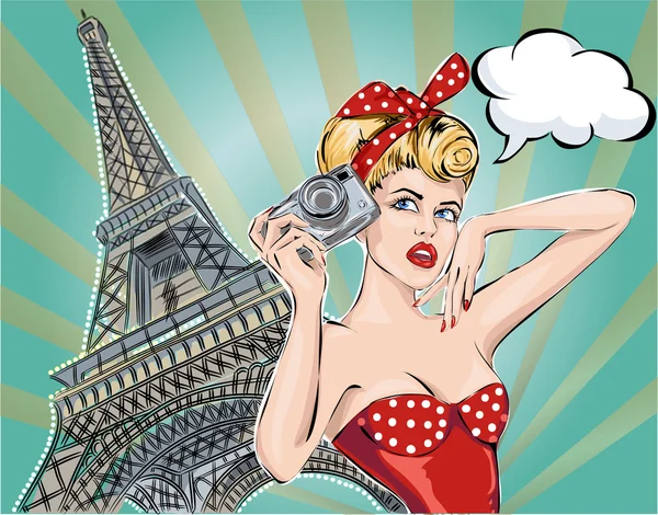 Ilustración de arte pop Mujer de moda cerca de la Torre Eiffel toma fotos — Vector de stock